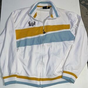 BILLABONG Surfers Jacket Sweater Zip Front White, Beach blue size large vintage